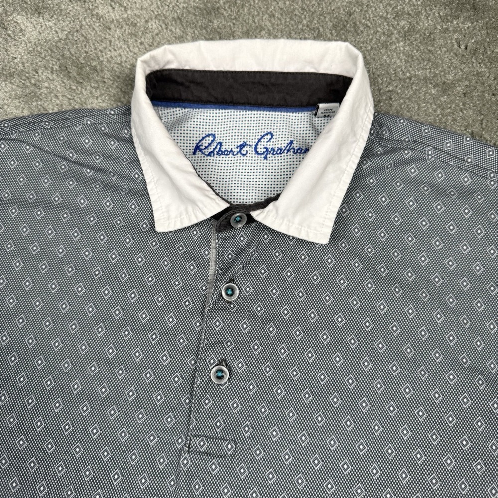 Robert Graham Polo Shirt Mens Medium Gray Square Geometric Golf Designer Cotton‎